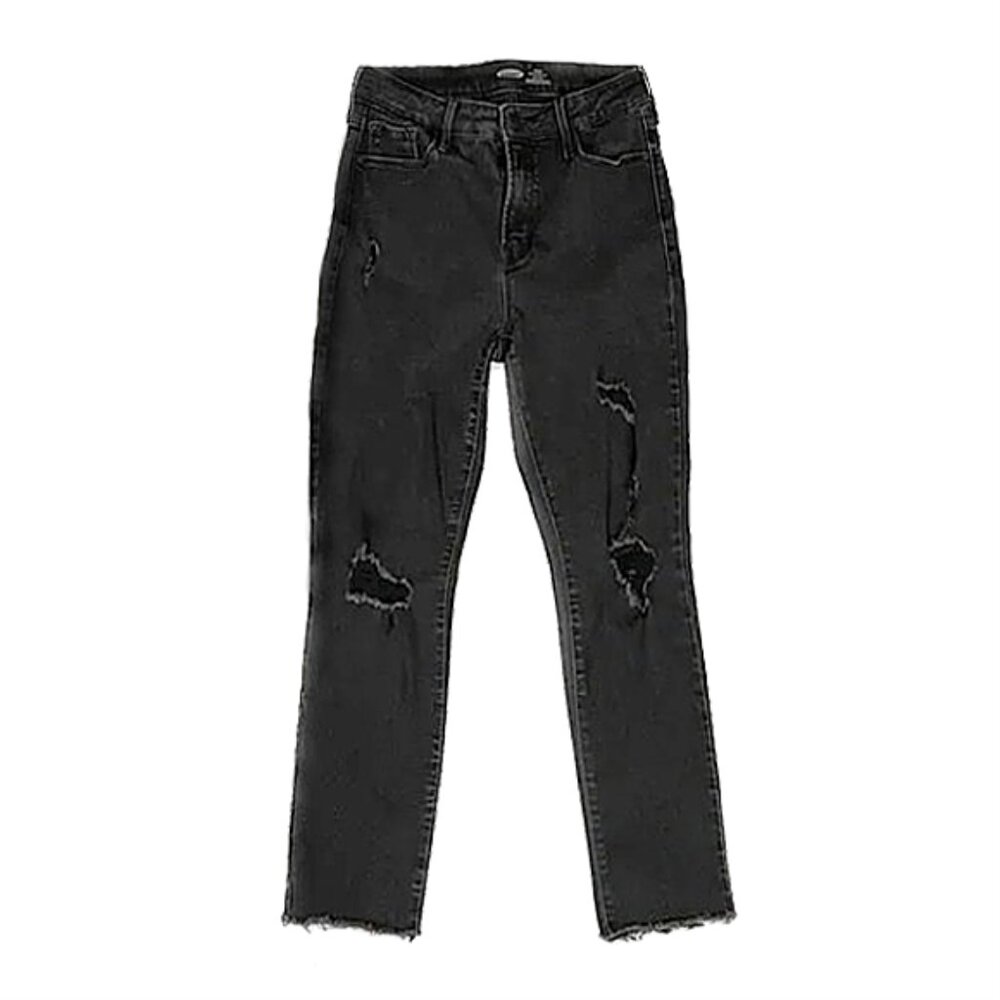old navy | black power slim mid rise skinny straight leg ripped raw hem jeans